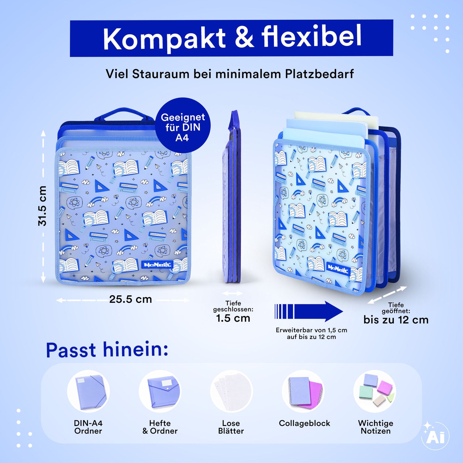McNeill – Faltbare Heftbox DIN A4 in Blau mit Griff für Schulranzen und Organisation