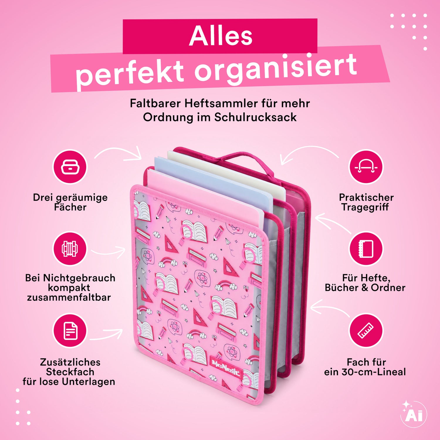 McNeill – Faltbare Heftbox DIN A4 in Pink mit Griff für Schulranzen und Organisation