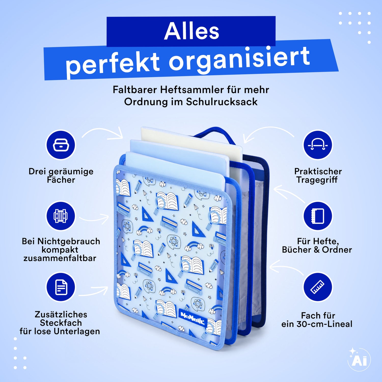 McNeill – Faltbare Heftbox DIN A4 in Blau mit Griff für Schulranzen und Organisation