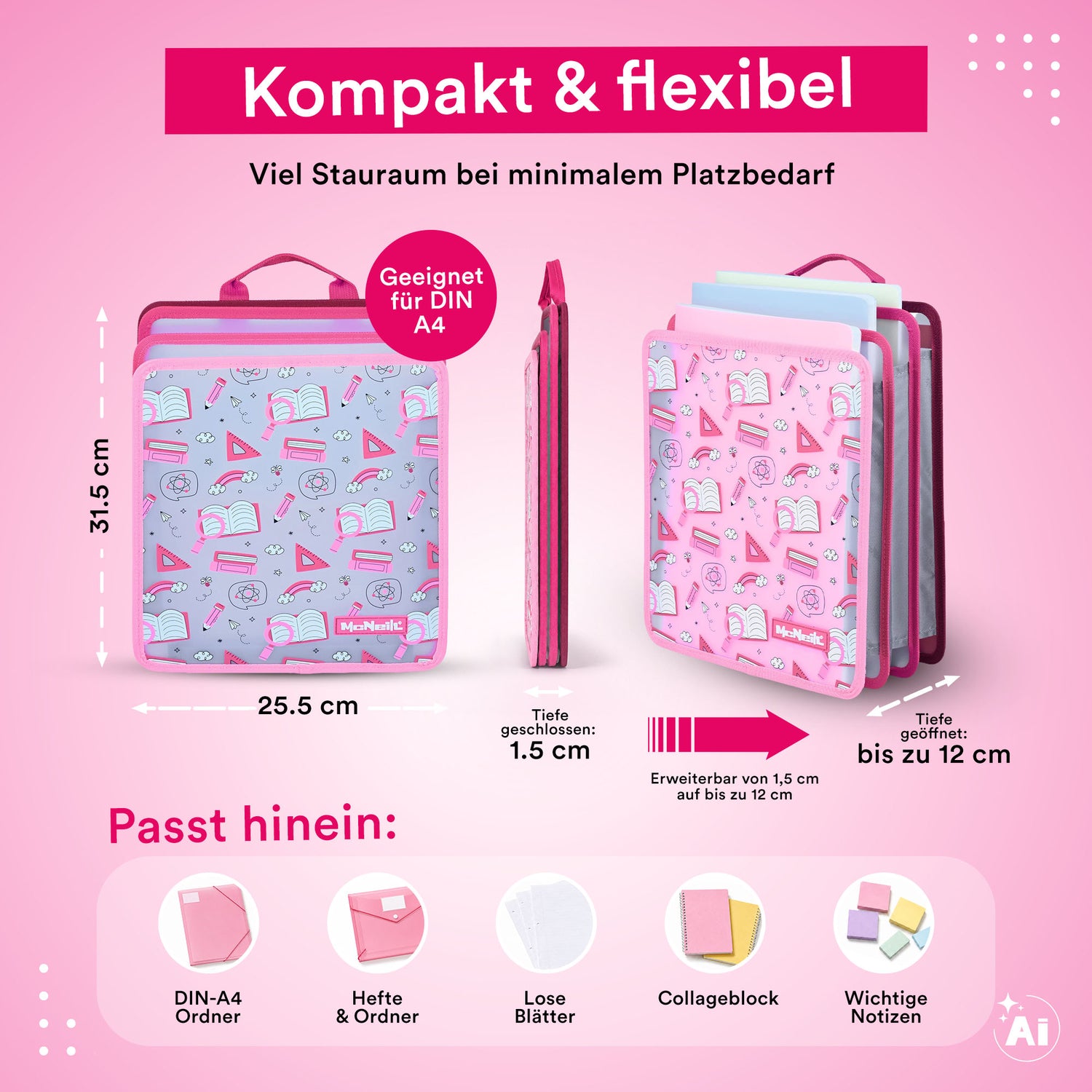 McNeill – Faltbare Heftbox DIN A4 in Pink mit Griff für Schulranzen und Organisation