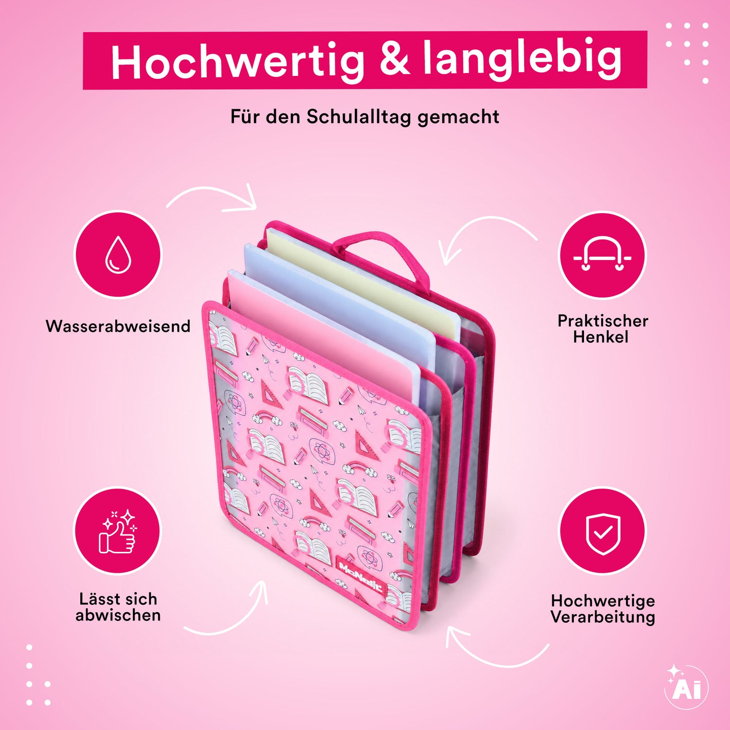 McNeill – Faltbare Heftbox DIN A4 in Pink mit Griff für Schulranzen und Organisation