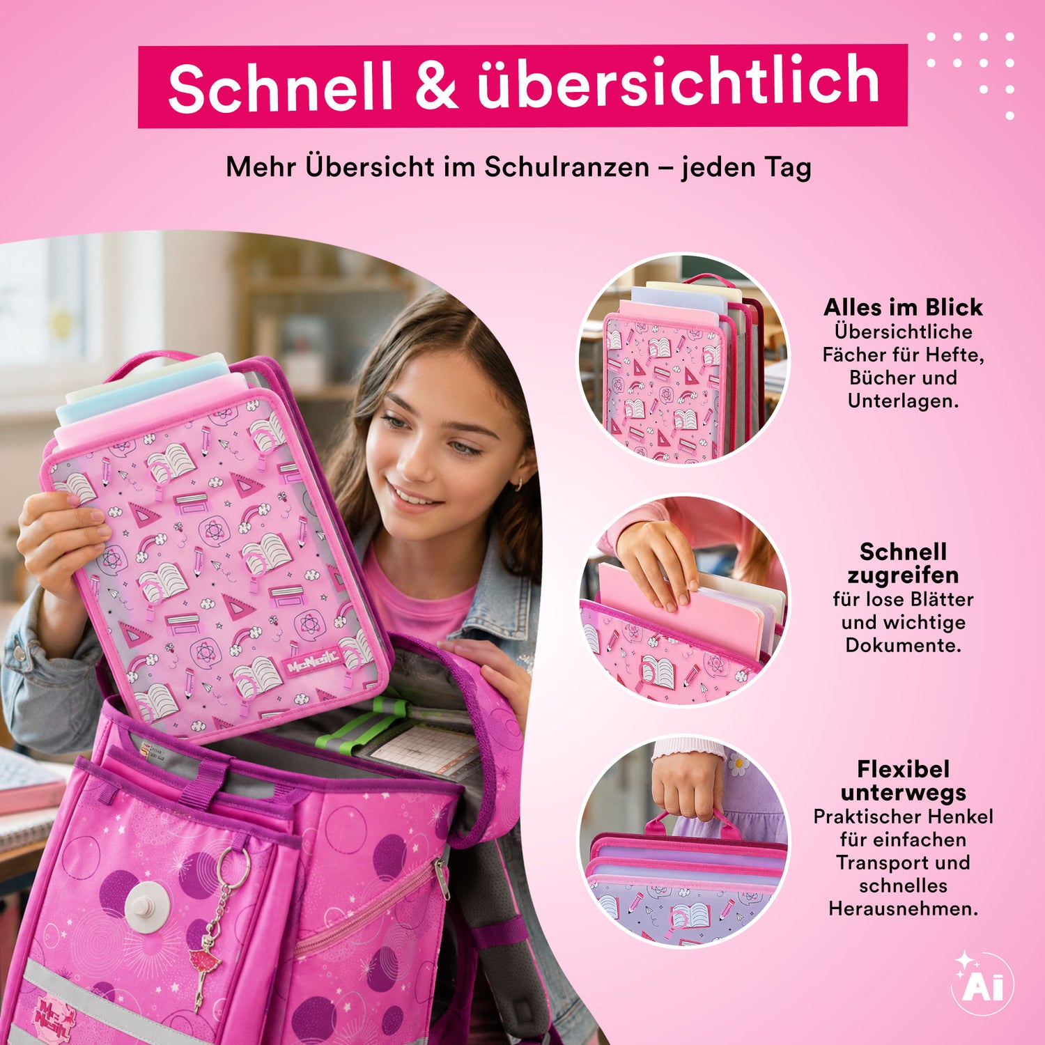 McNeill – Faltbare Heftbox DIN A4 in Pink mit Griff für Schulranzen und Organisation