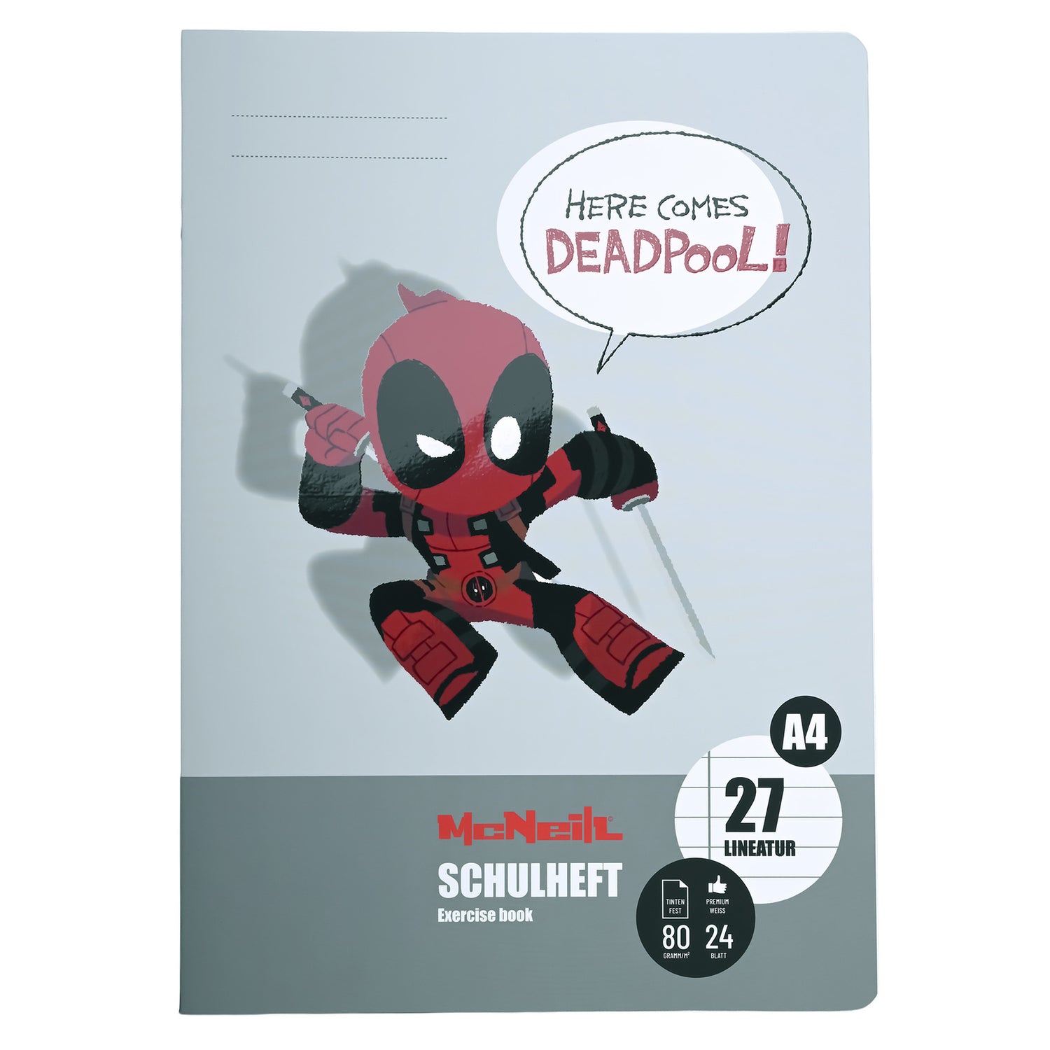 McNeill Schulheft DIN A4 mit Deadpool-Motiv, Lineatur 27, tintenfestes FSC®-Papier und robuster, glänzender Umschlag – perfekt für Schule & Fans